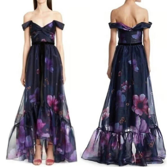 NEW Marchesa Notte off shoulder gown in Navy Floral Sz 14 #LD210